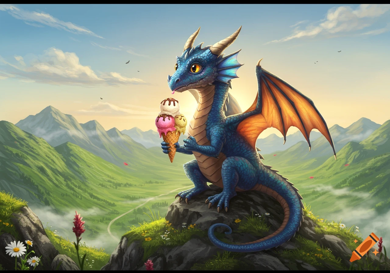 A cute blue baby dragon sits on a rocky perch, licking a melting triple-scoop ice cream cone in a lush green mountain valley at sunset.