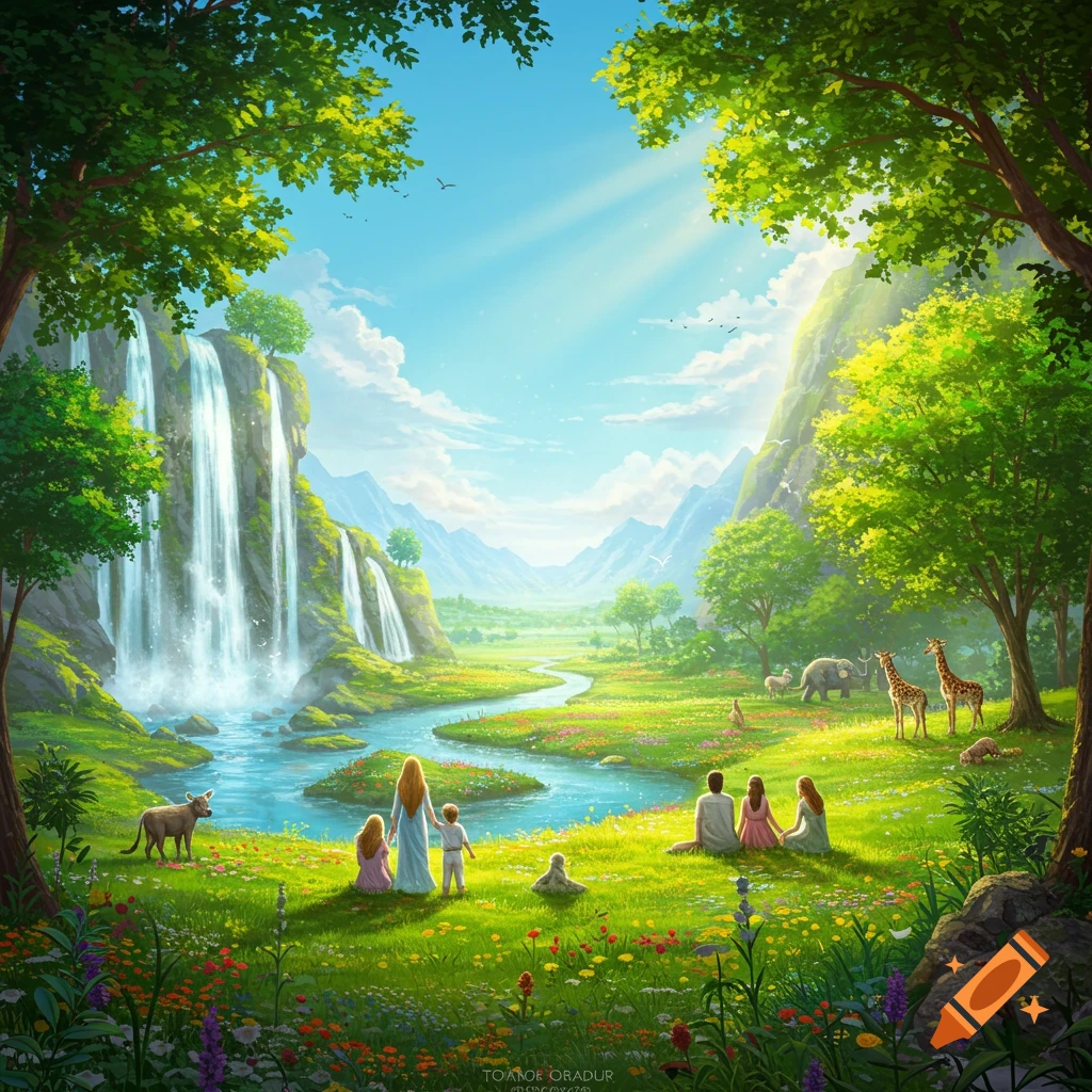 A vibrant, idyllic landscape with waterfalls, a river, lush meadows, and mountains. Families and animals are depicted in a serene, illustrative style.