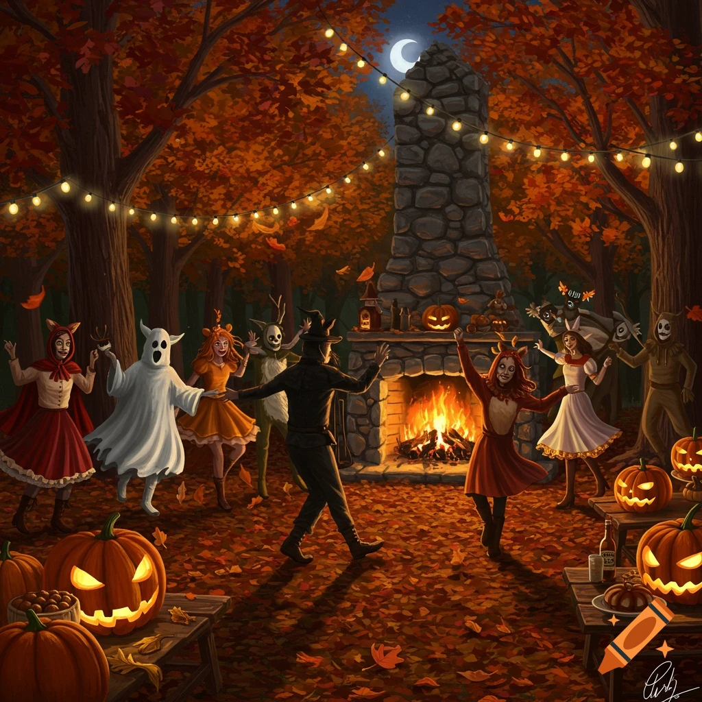 Illustration of people in Halloween costumes dancing around a crackling fireplace in an autumn forest, illuminated by string lights and a crescent moon, with glowing jack-o'-lanterns nearby.