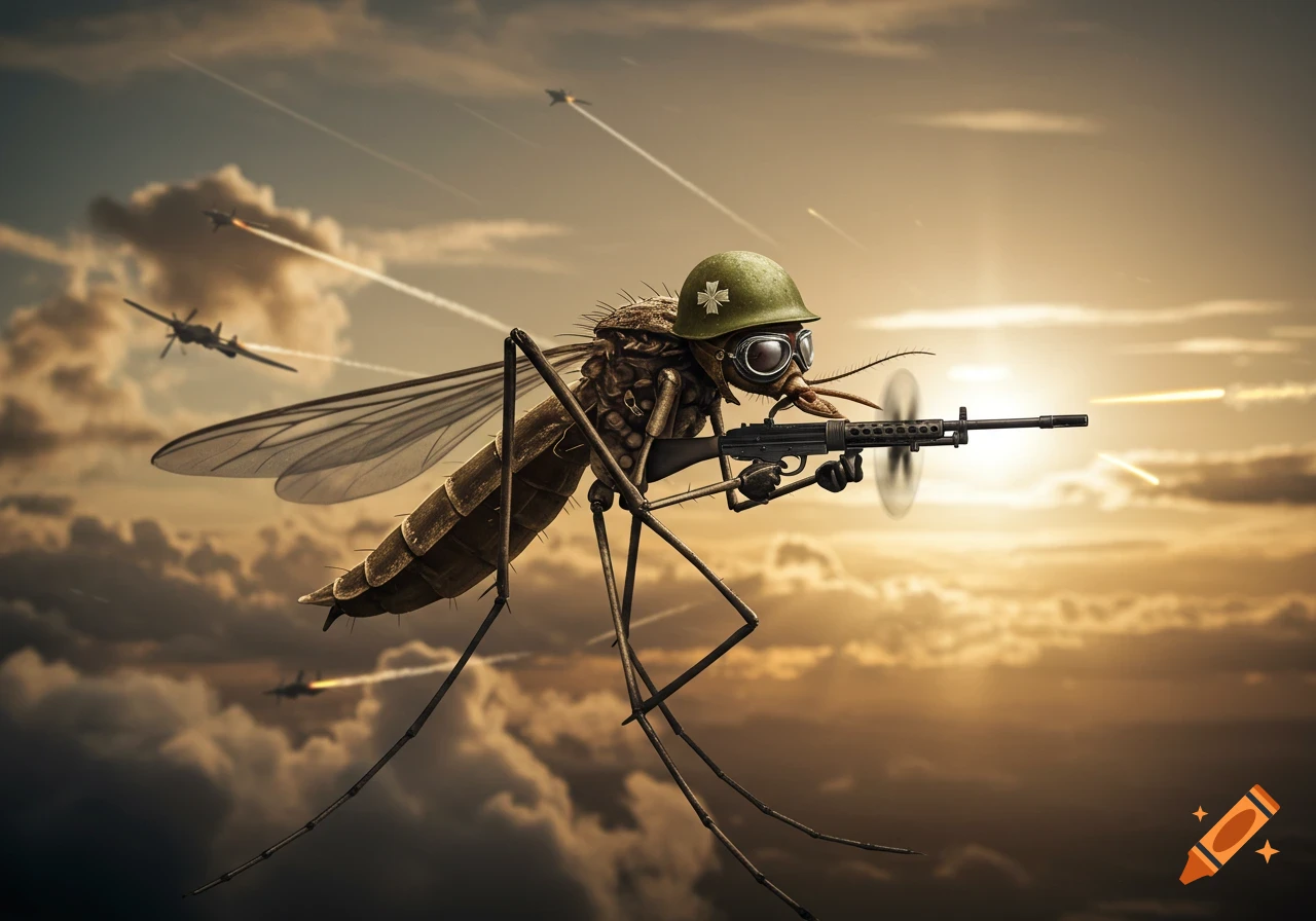 A mosquito in a military helmet and goggles fires a machine gun while flying amidst WWII planes in a sunset sky.