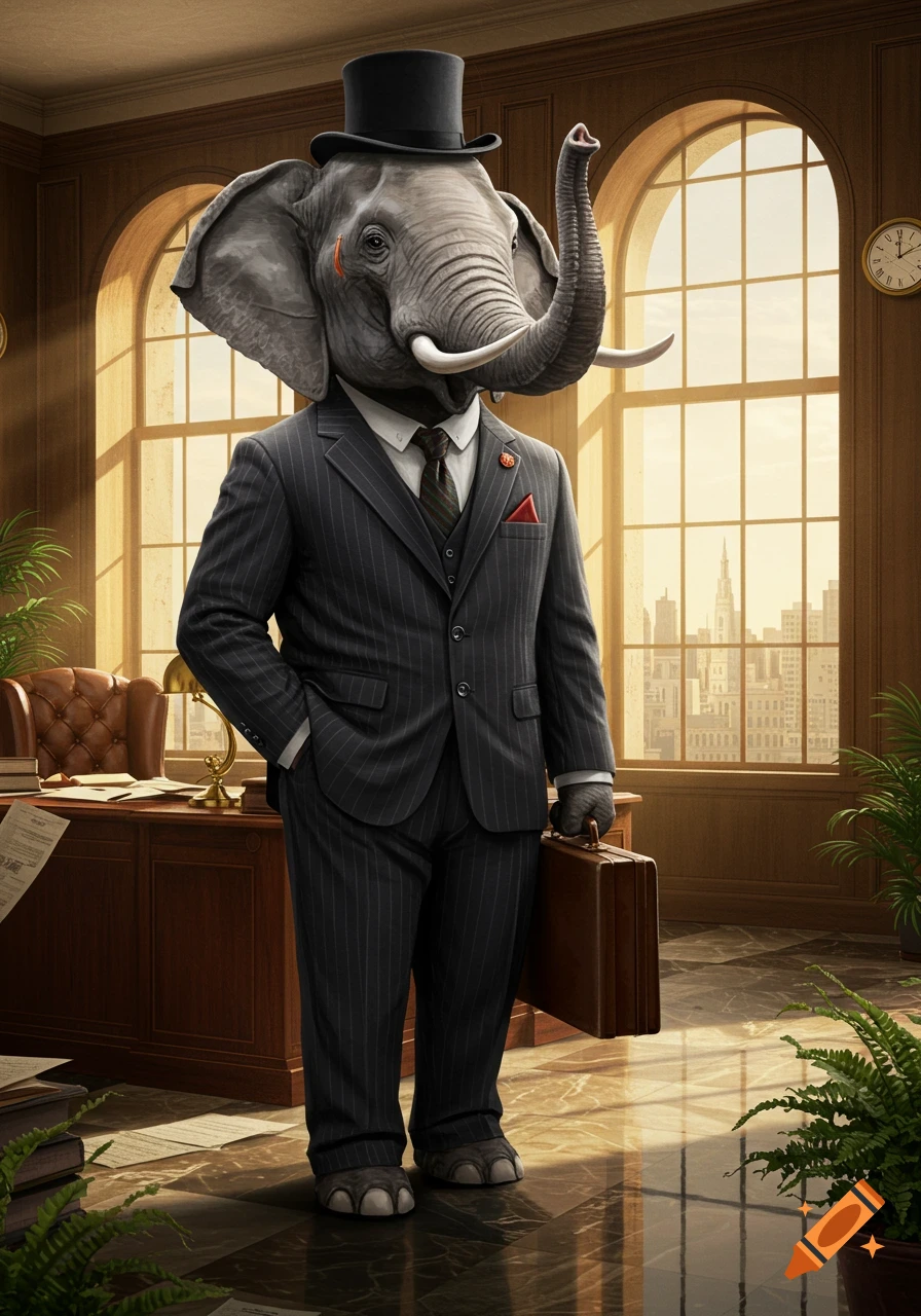 A stylish anthropomorphic elephant in a top hat and pinstripe suit stands in a grand office with a briefcase, looking ready for business.