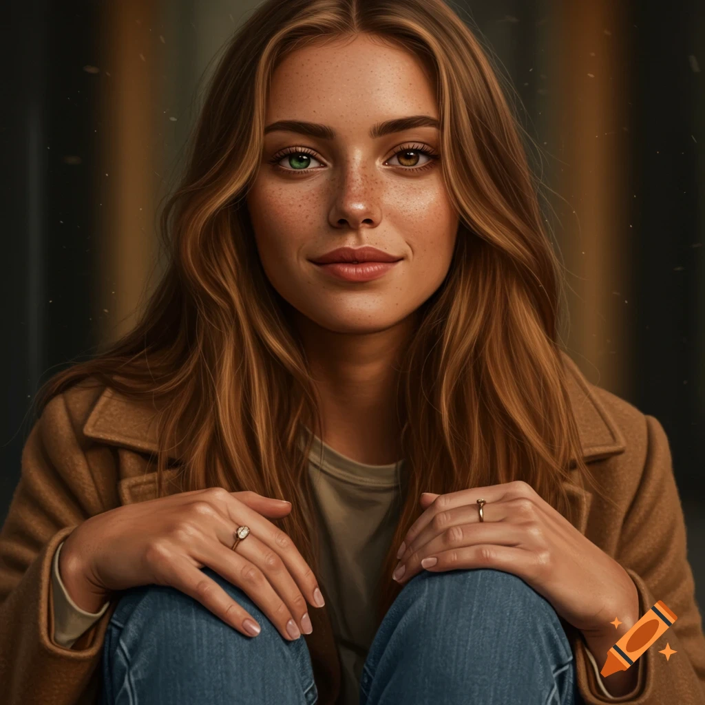 A photorealistic portrait of a young woman with long brown hair, freckles, and heterochromia, wearing a brown coat and jeans.