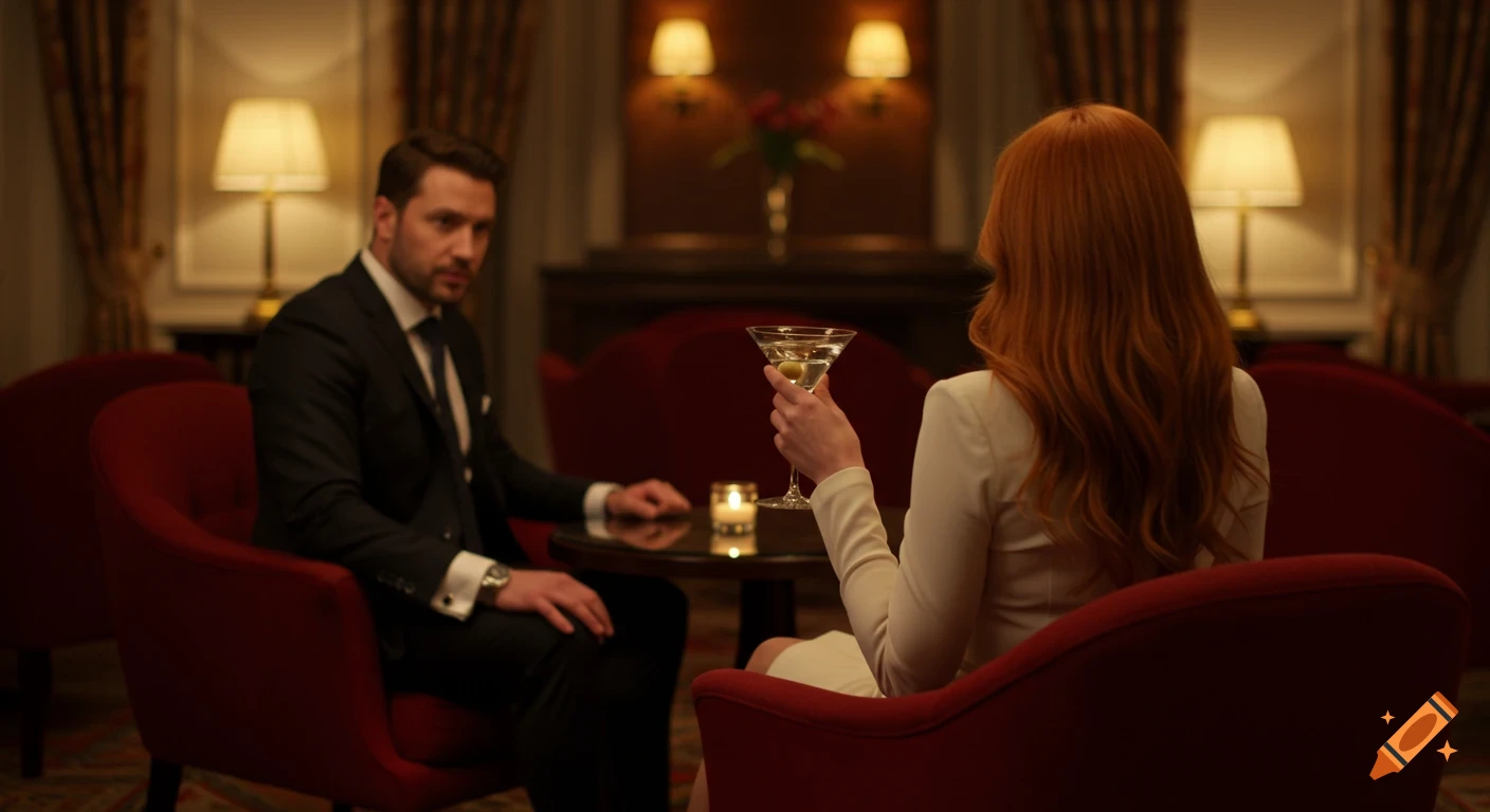 A woman with red hair holding a martini sits opposite a man in a suit in a luxurious hotel lounge.
