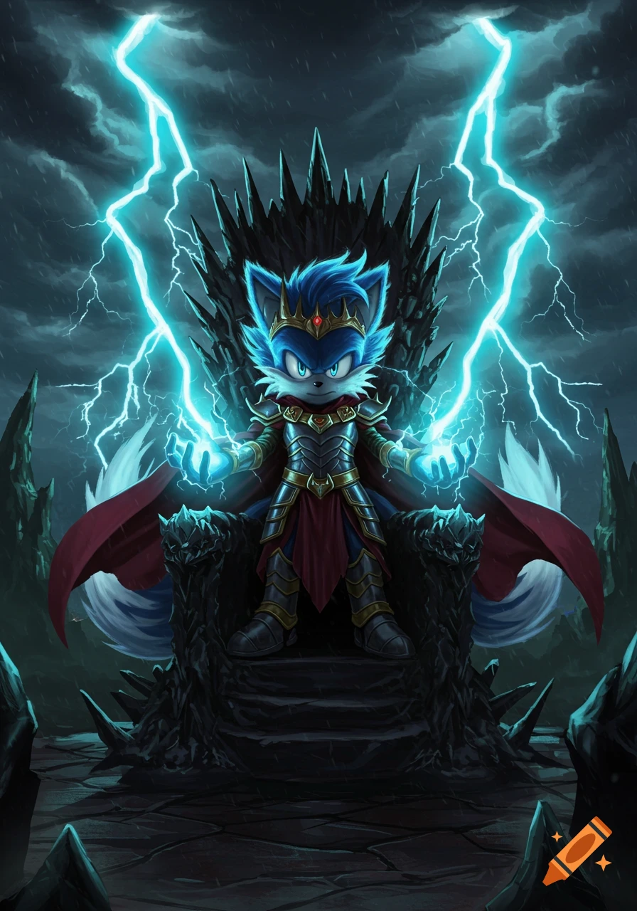 A blue anthropomorphic fox in dark armor and a red cape sits on a spiky throne, wielding lightning magic in a stormy, dark fantasy setting.