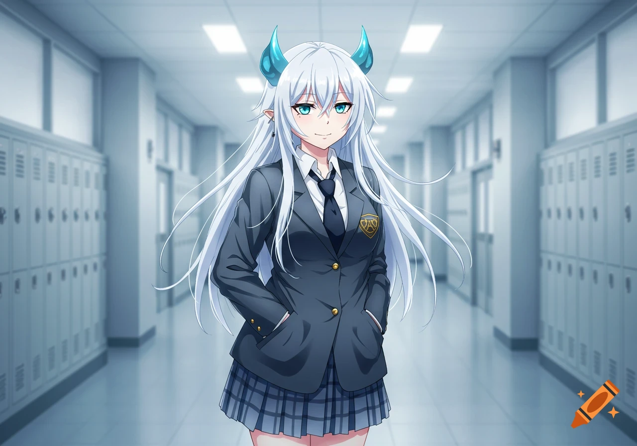 Anime girl with long white hair and blue horns, wearing a school uniform, hands in pockets, standing in a brightly lit hallway.