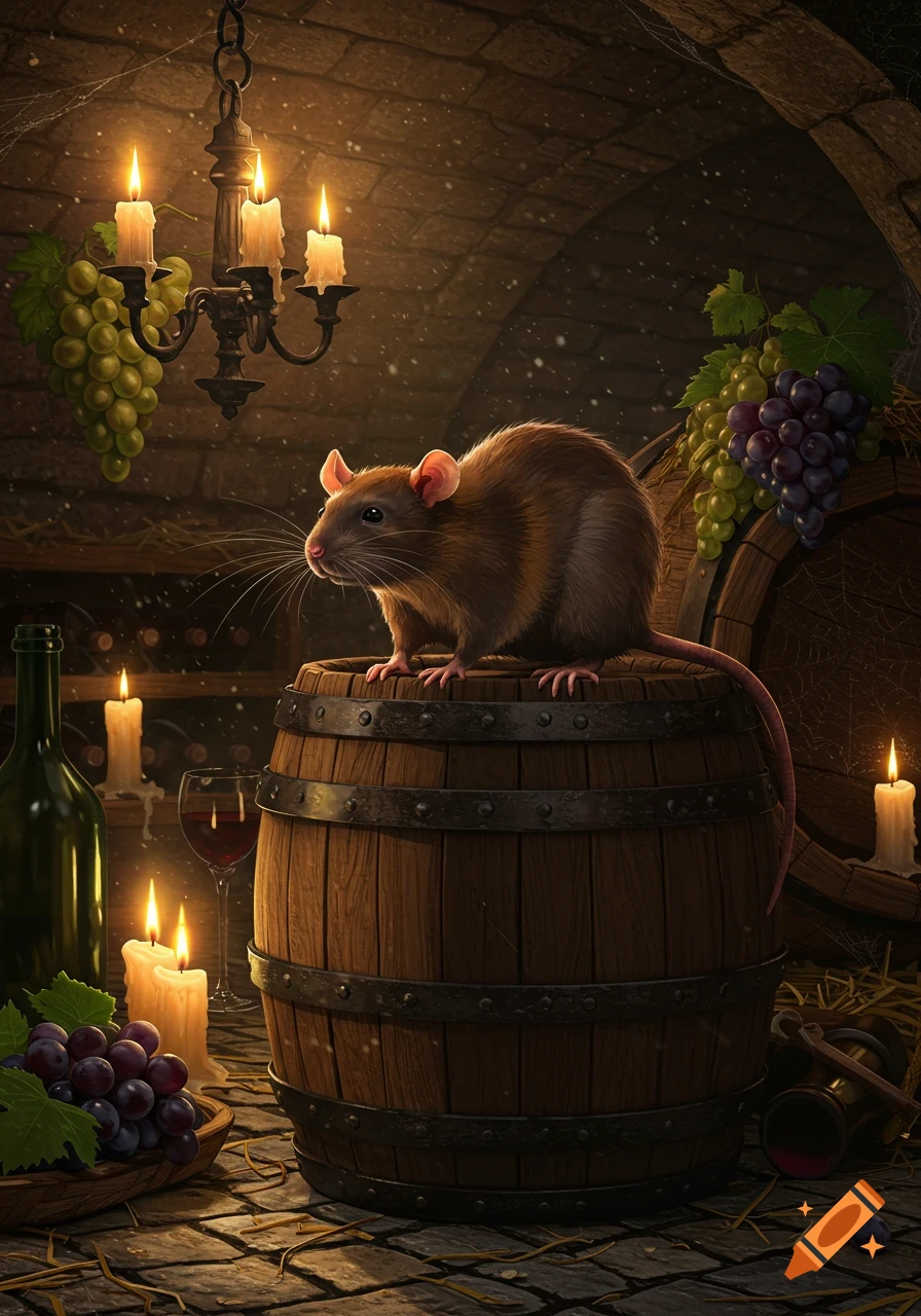 A brown rat sits atop a wooden wine barrel in a dimly lit cellar, surrounded by grapes, candles, and wine bottles.