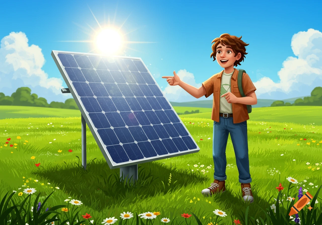 A young person in a green field, pointing at a solar panel reflecting sunlight under a clear blue sky, in a vibrant digital painting style.