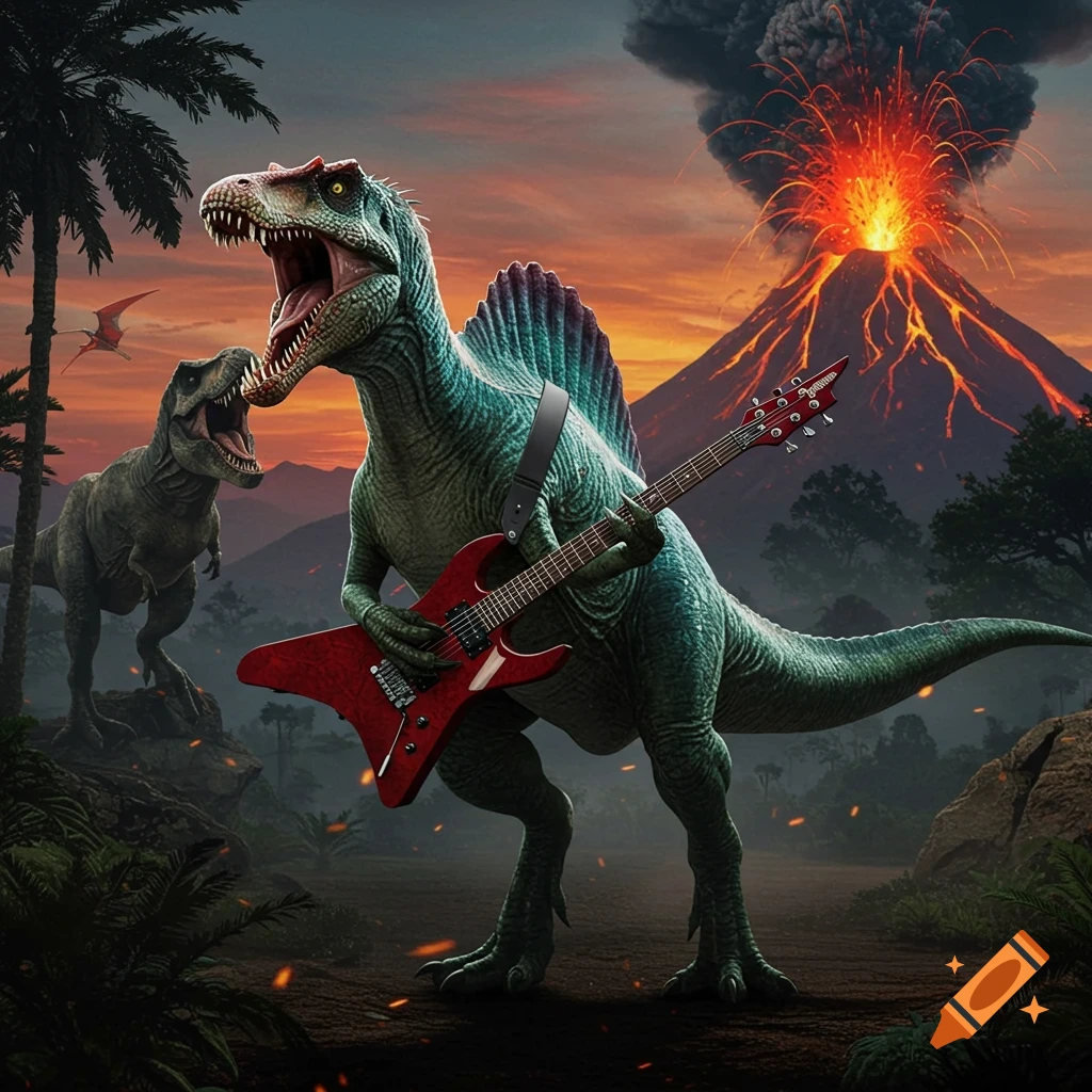 A spinosaurus plays a red electric guitar with a T-Rex roaring behind it and an erupting volcano at sunset.
