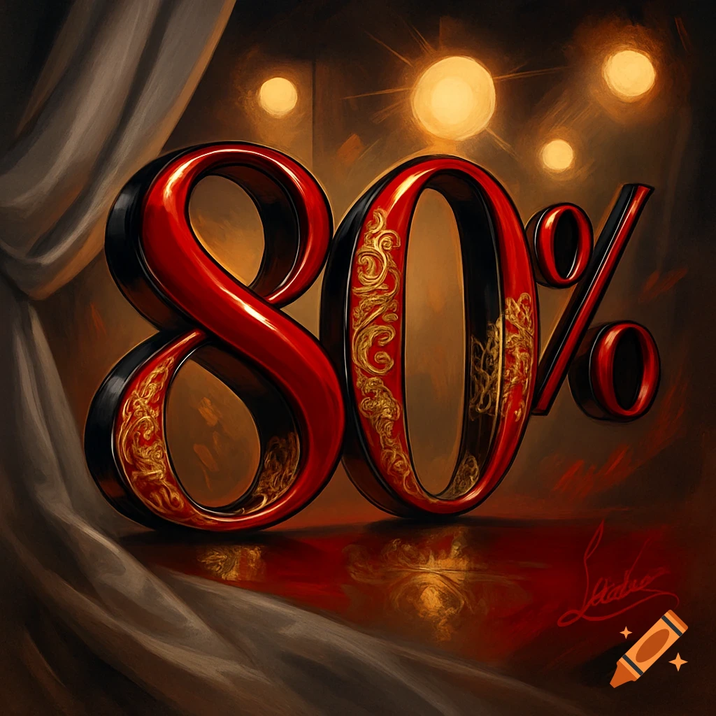 Ornate red and gold metallic 80% sign on a reflective surface with draped fabric and soft lights.
