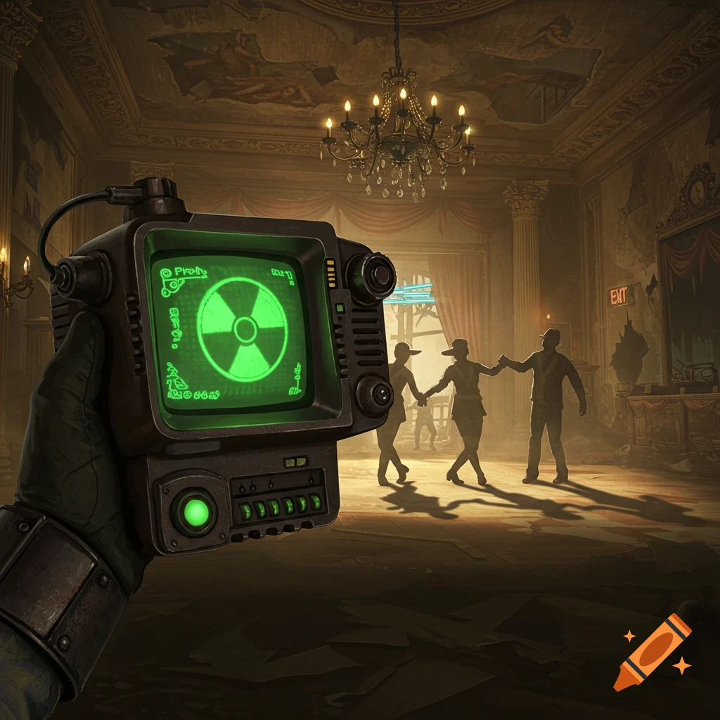 A gloved hand holds a retro-futuristic Pip-Boy displaying a green radiation symbol, with silhouetted figures dancing in a dilapidated grand hall.