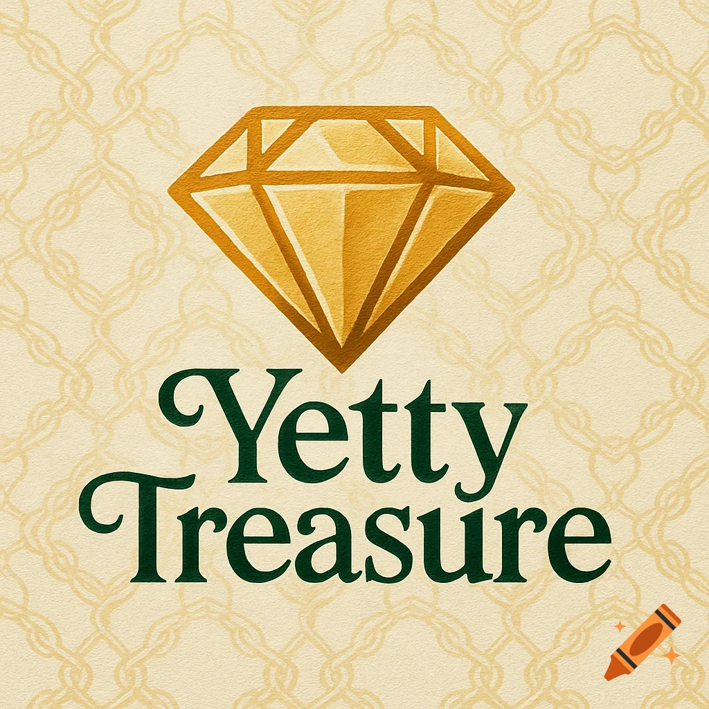 A gold diamond icon above the green text 'Yetty Treasure' on a cream background with a subtle chain pattern.