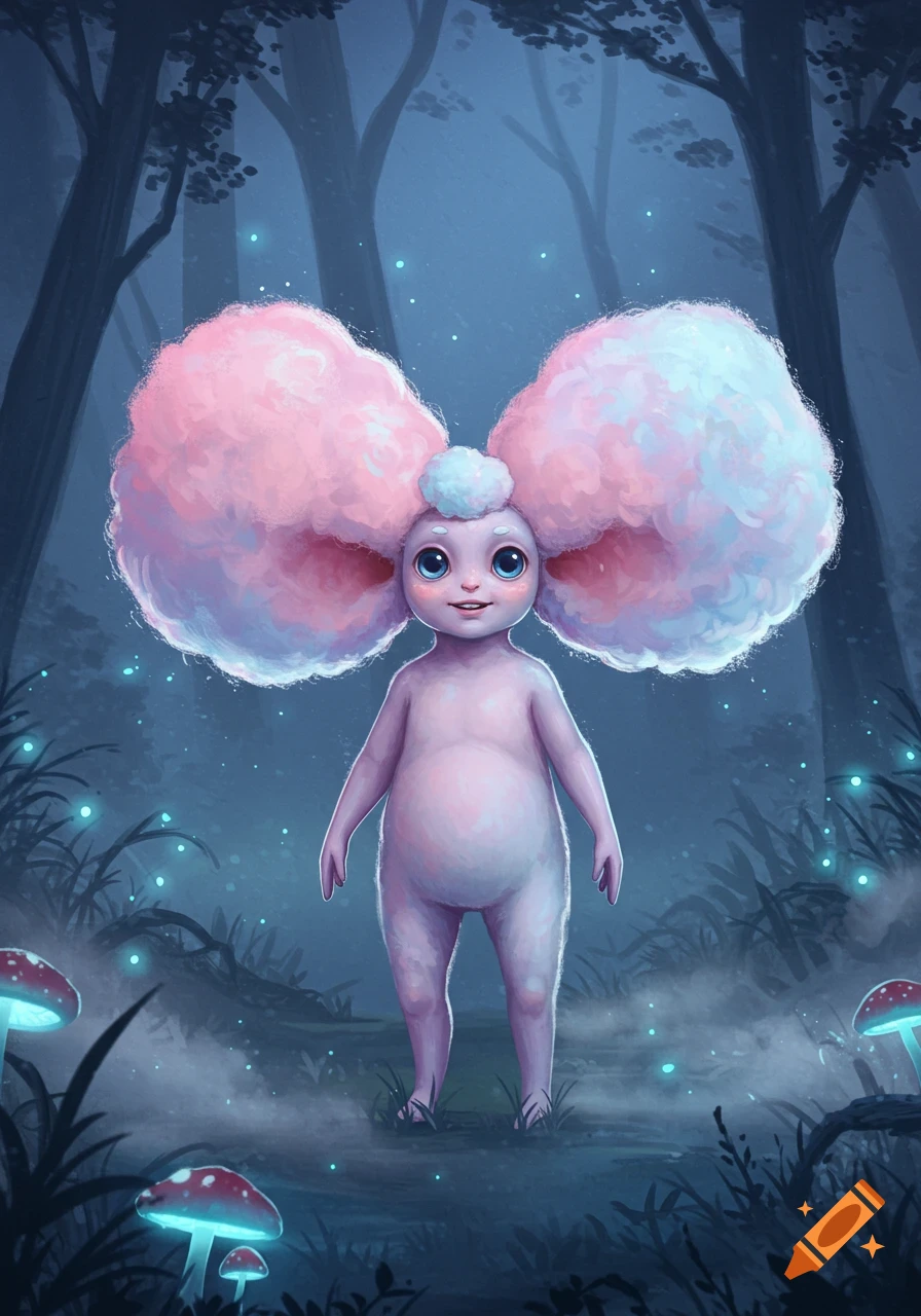 A pinkish-purple creature with large, fluffy cotton candy ears and big blue eyes stands in a mystical dark forest with glowing mushrooms.