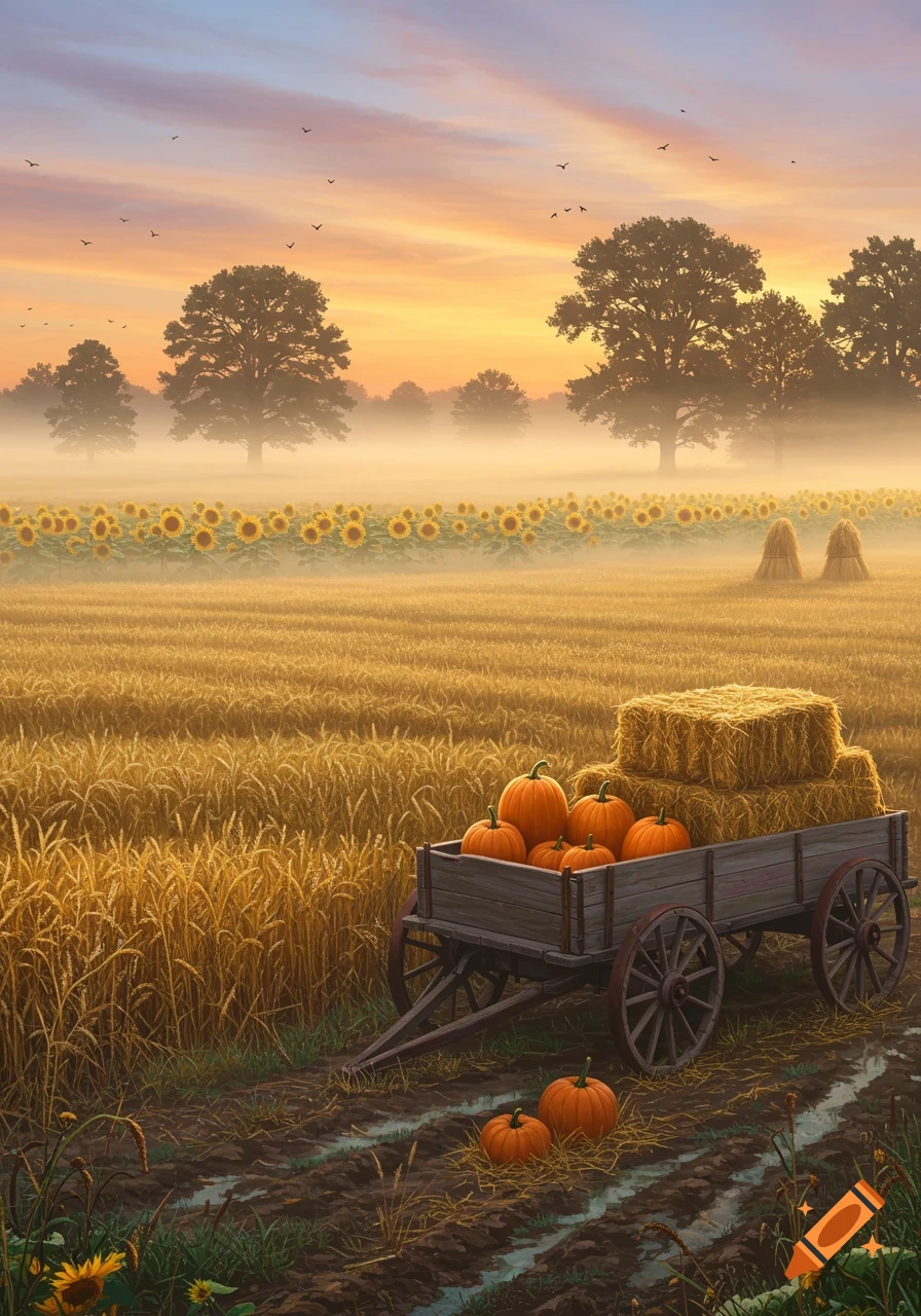 A wagon filled with pumpkins and hay bales in a golden wheat field at sunrise, with sunflowers, misty trees, and birds in the sky.