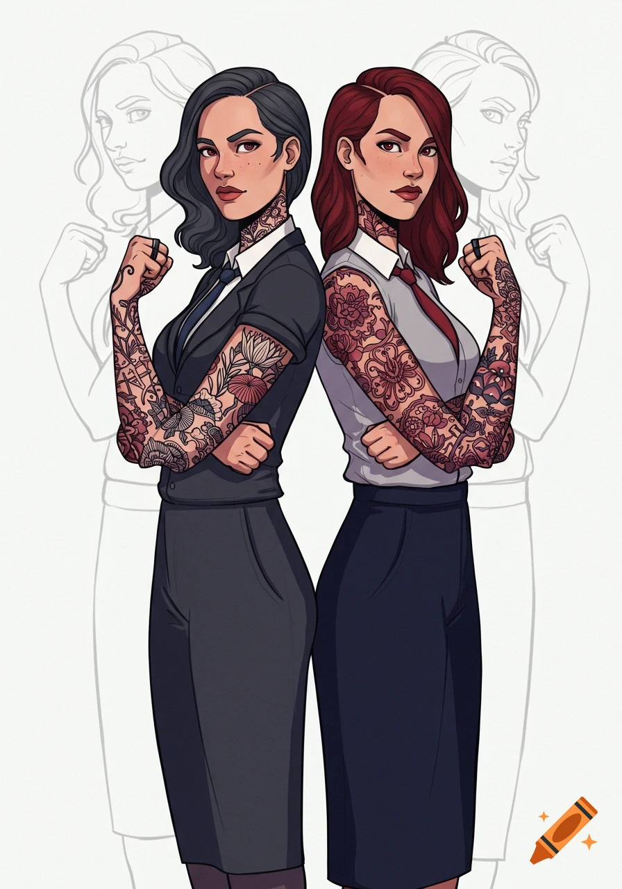 Illustrated women with tattoos in business attire stand back-to-back, with faint superhero outlines in background.