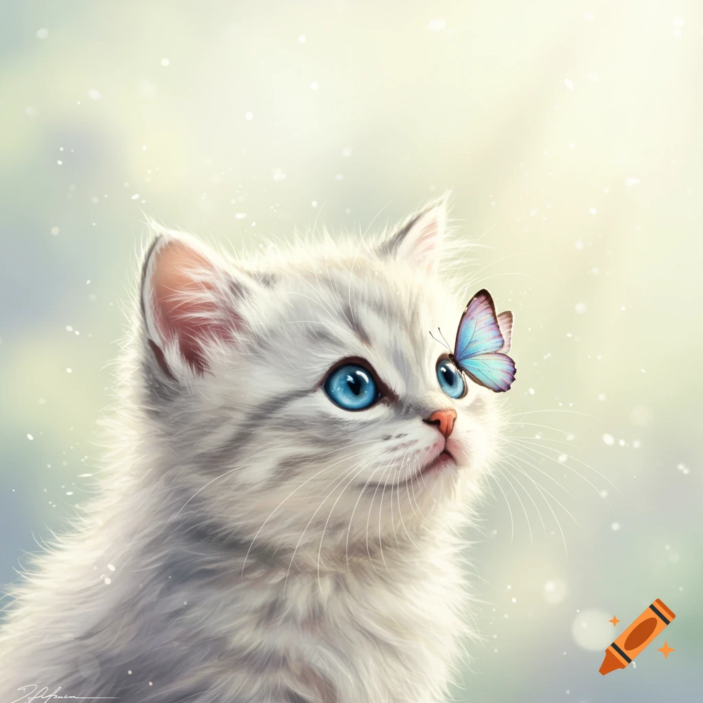 A fluffy white kitten with blue eyes and a butterfly on its nose, depicted in a soft digital art style.
