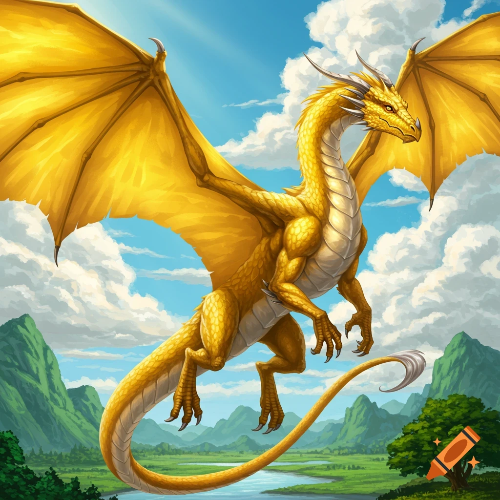 A majestic golden dragon with large wings flies over a lush green valley with a river under a blue sky with white clouds.