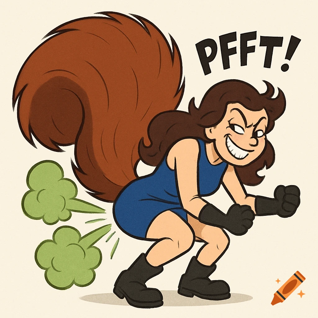 A mischievous cartoon woman with a large brown squirrel tail, wearing a blue dress and black boots, squats and grins while emitting green fart clouds with the sound effect "PFFT!"