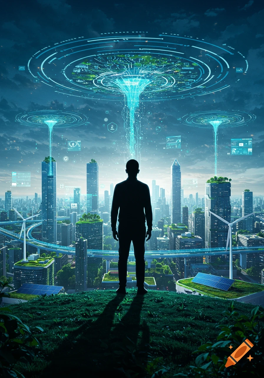 Silhouette of a person overlooking a vibrant, futuristic green city with glowing digital data streams connecting to the sky.