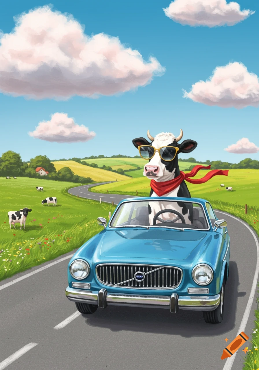 Illustrated cow in sunglasses driving a blue Volvo on a country road with green hills and blue sky.