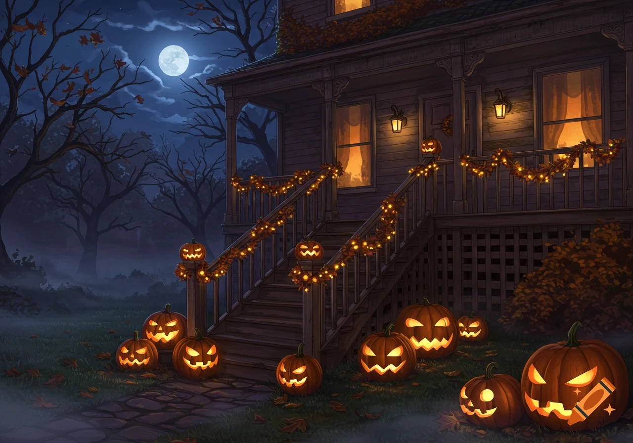 A spooky house decorated for Halloween at night, with glowing jack-o'-lanterns on the steps and porch, under a full moon.