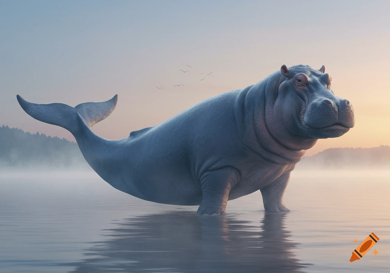 A photorealistic hippo-whale hybrid stands in misty water at sunrise.
