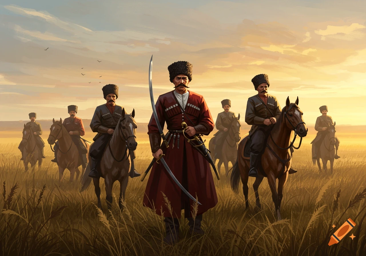 Stylistically drawn Cossacks, some on horseback, others standing with swords in a grassy field at sunset.