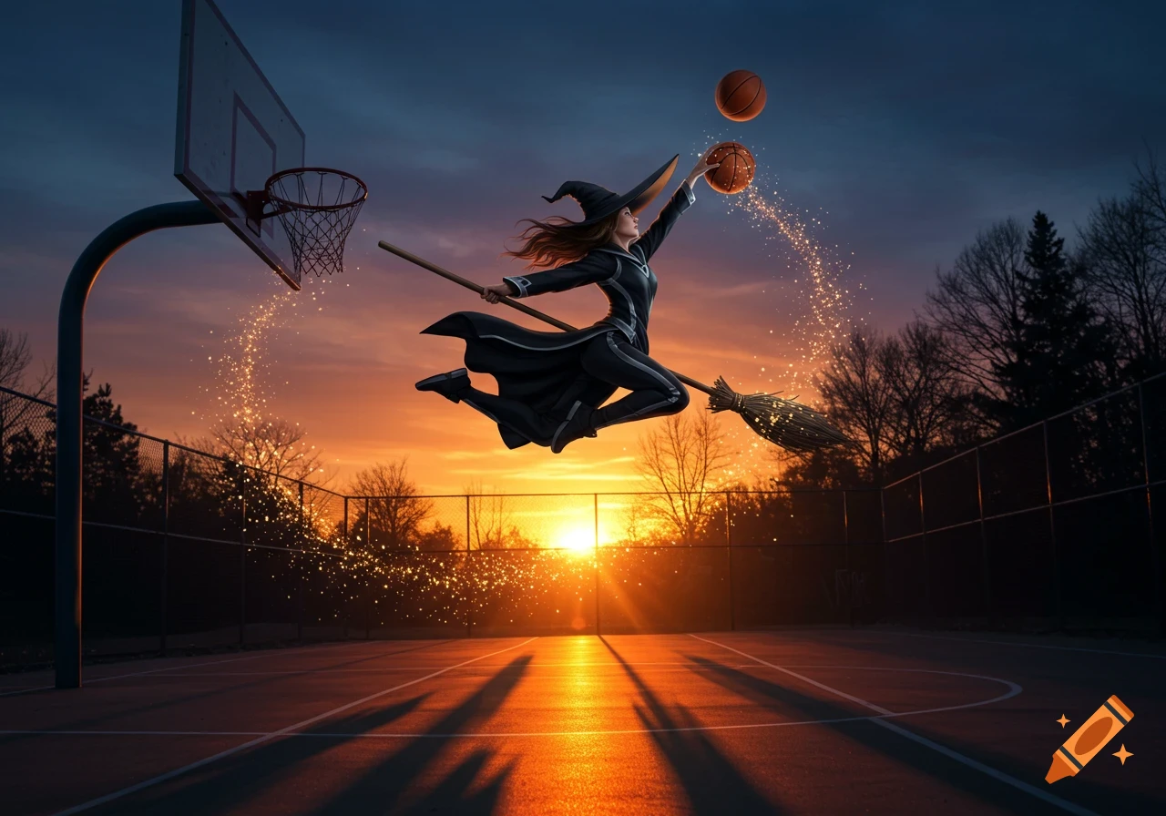 A witch on a broomstick dunks a basketball on an outdoor court at sunset with magical sparks.
