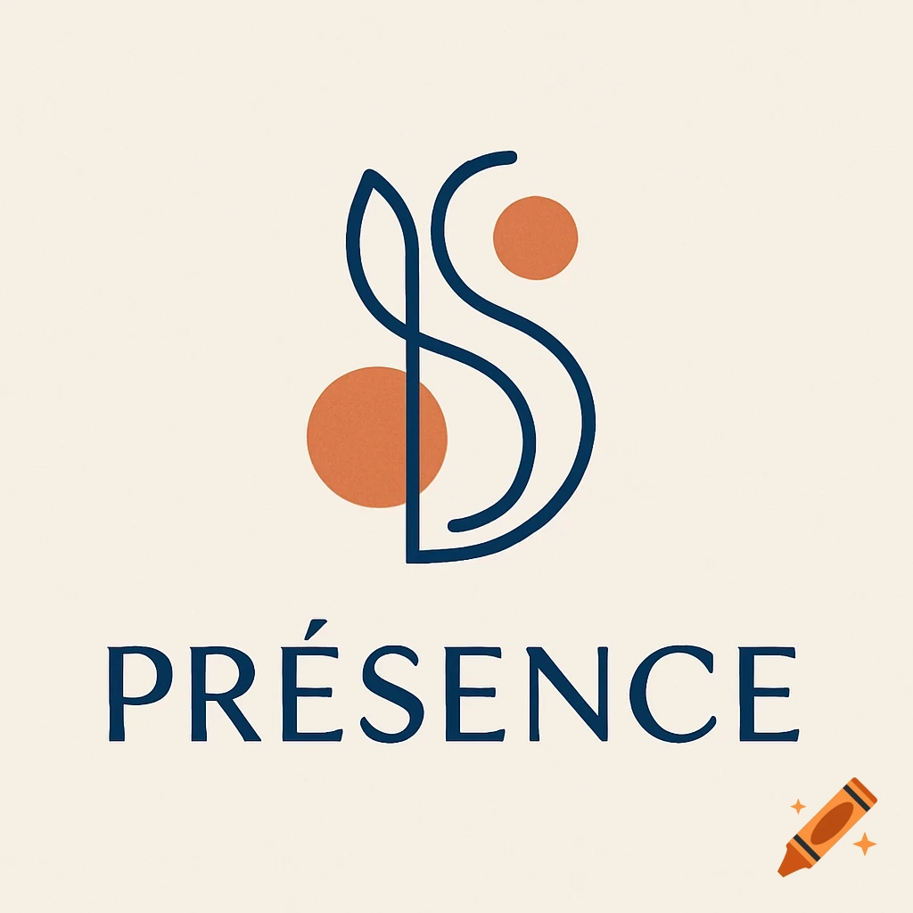 A minimalist logo featuring intertwined dark blue lines forming an abstract 'S' shape, with two terracotta orange circles, above the word PRÉSENCE in dark blue.