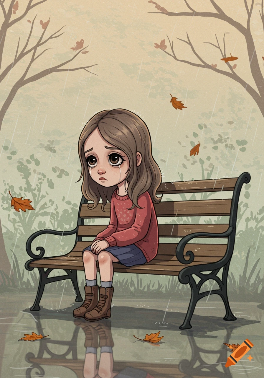A sad cartoon girl with brown hair sits on a park bench in the rain among fallen autumn leaves.