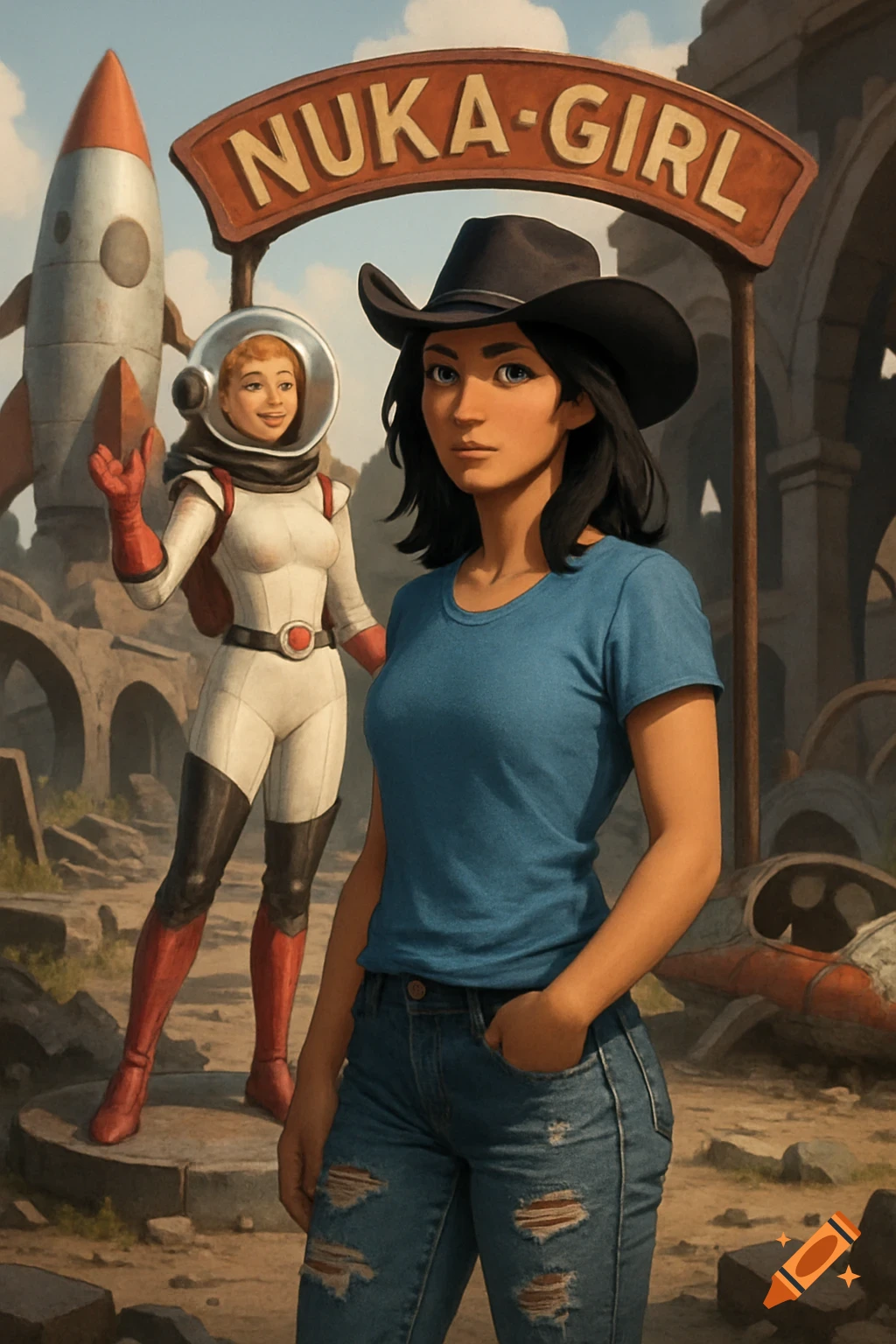 A woman in a cowboy hat and ripped jeans stands before a 'NUKA-GIRL' sign, with an astronaut animatronic and rocket in a ruined theme park.