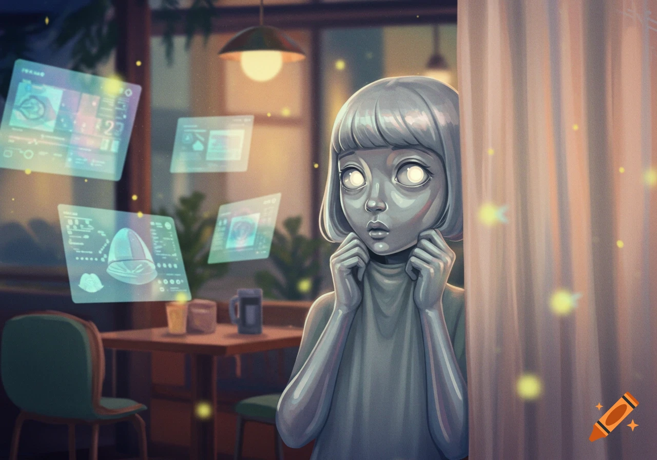 A shy, silver-skinned girl with glowing eyes peeking from behind a curtain, with holographic screens floating in a softly lit room, digital art.