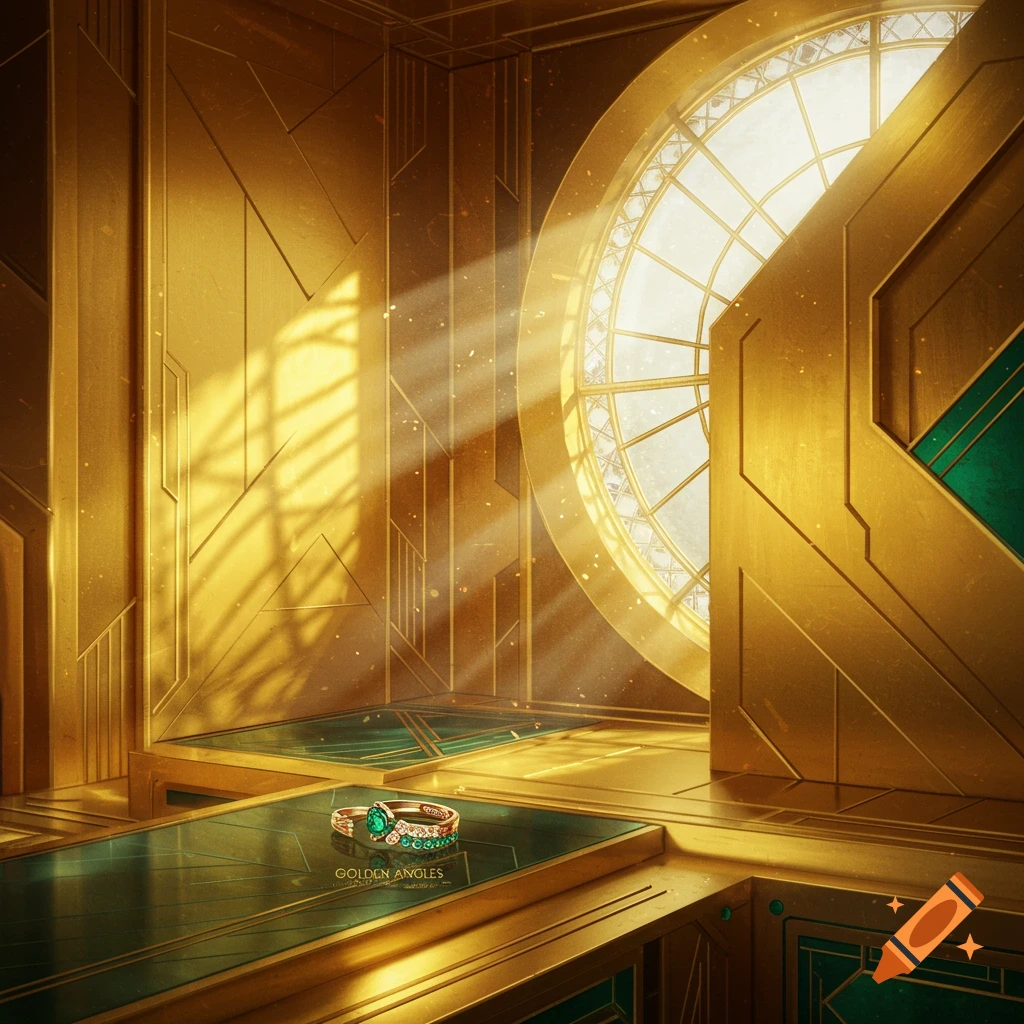 A luxurious Art Deco room in gold and green, with sunbeams illuminating two emerald and diamond rings on a table.