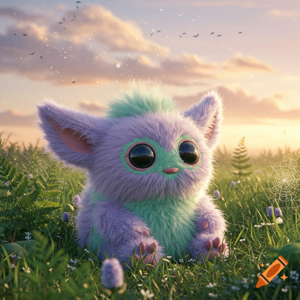 A fluffy, purple and mint-green creature with big black eyes sits in a lush green field at sunset.