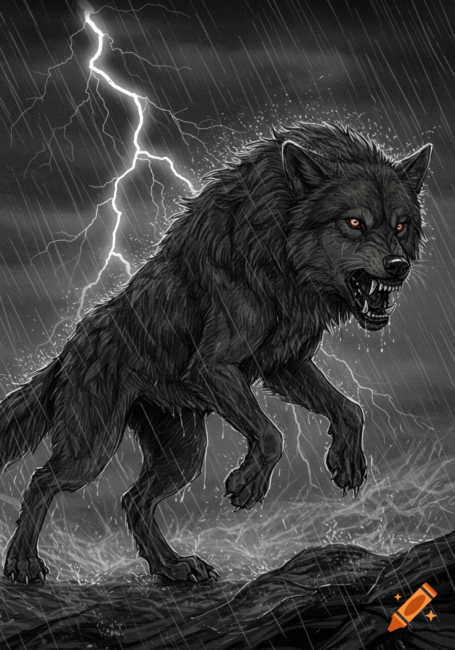 A snarling dark wolf with glowing red eyes leaps through rain and splashing water, silhouetted by lightning in a stormy sky, in a sketch art style.