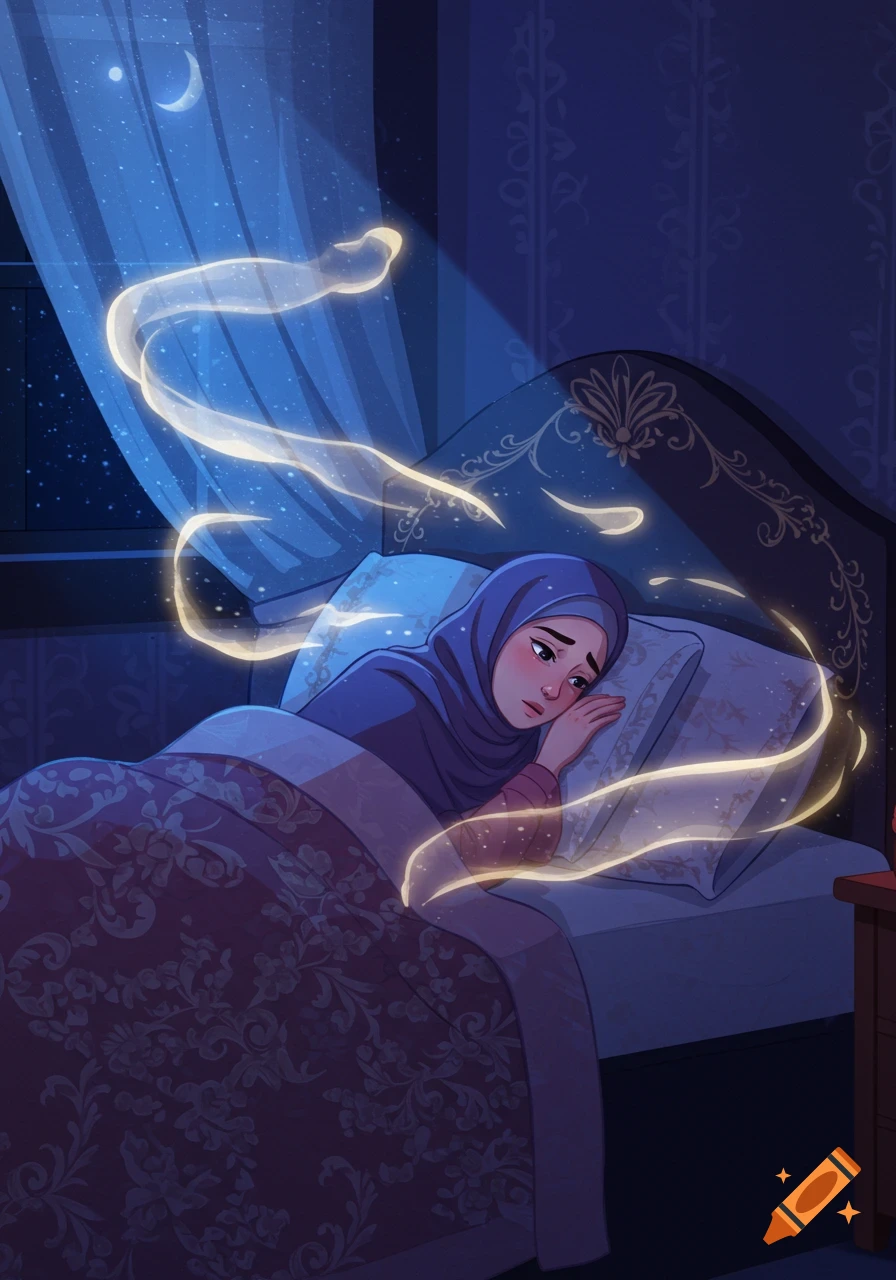 Animated art of a worried Muslim woman in bed at night, surrounded by glowing wisps, with moonlight entering the window.