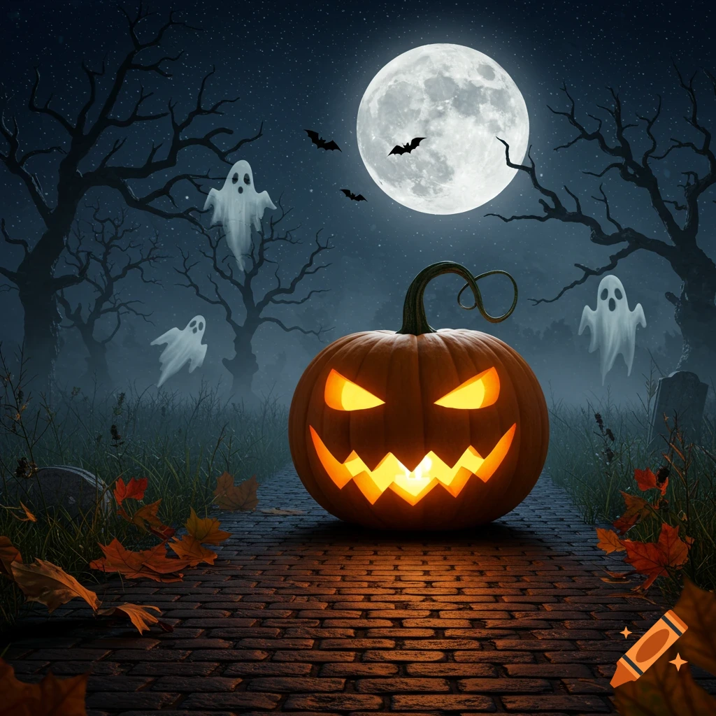 A glowing jack-o'-lantern on a cobblestone path in a spooky forest with ghosts, bats, and a full moon at night.