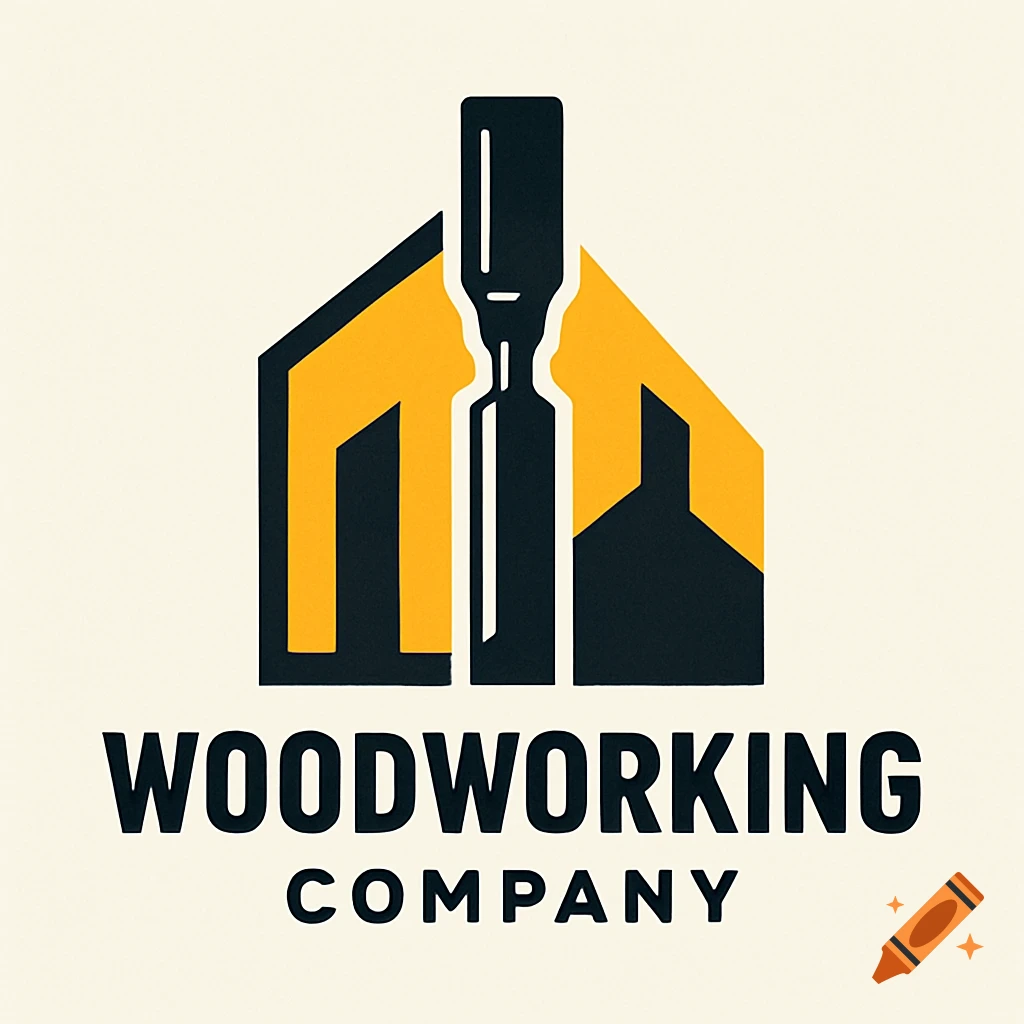 A yellow and black logo featuring a stylized house outline with a woodworking chisel in the center, above the words 'WOODWORKING COMPANY'.