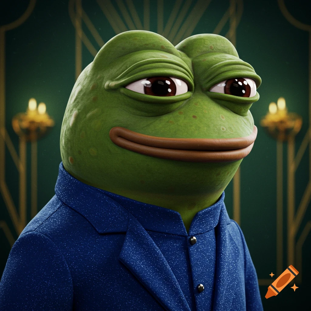 3D render of Pepe the Frog wearing a sparkling blue suit jacket, against a dark green Art Deco background.