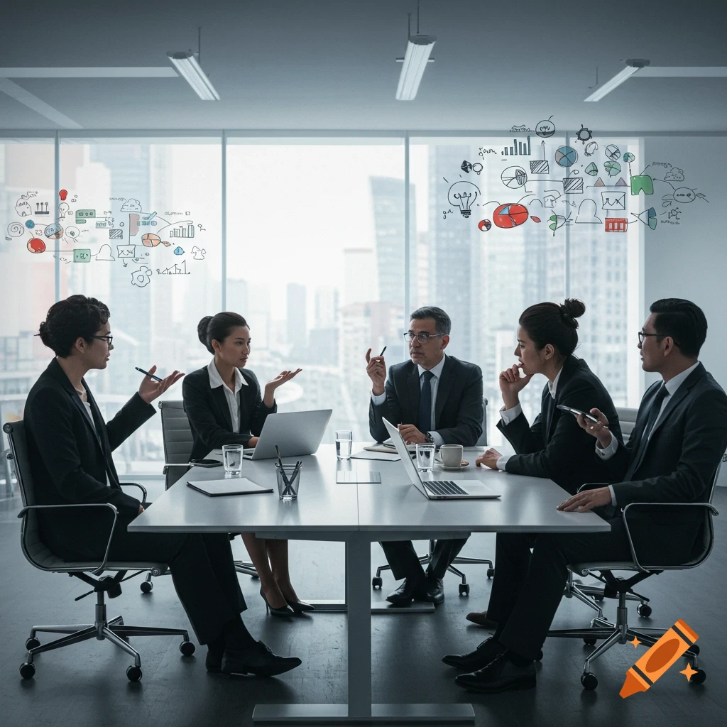 Five business professionals discuss ideas in a modern office conference room with a city view, thought bubbles above their heads.