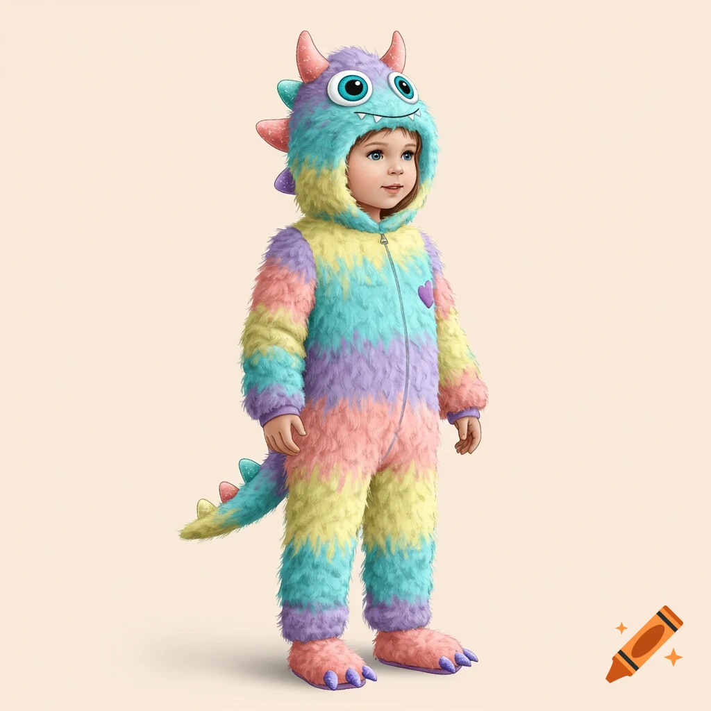 A toddler in a fluffy, pastel rainbow monster costume with horns and large cartoon eyes.