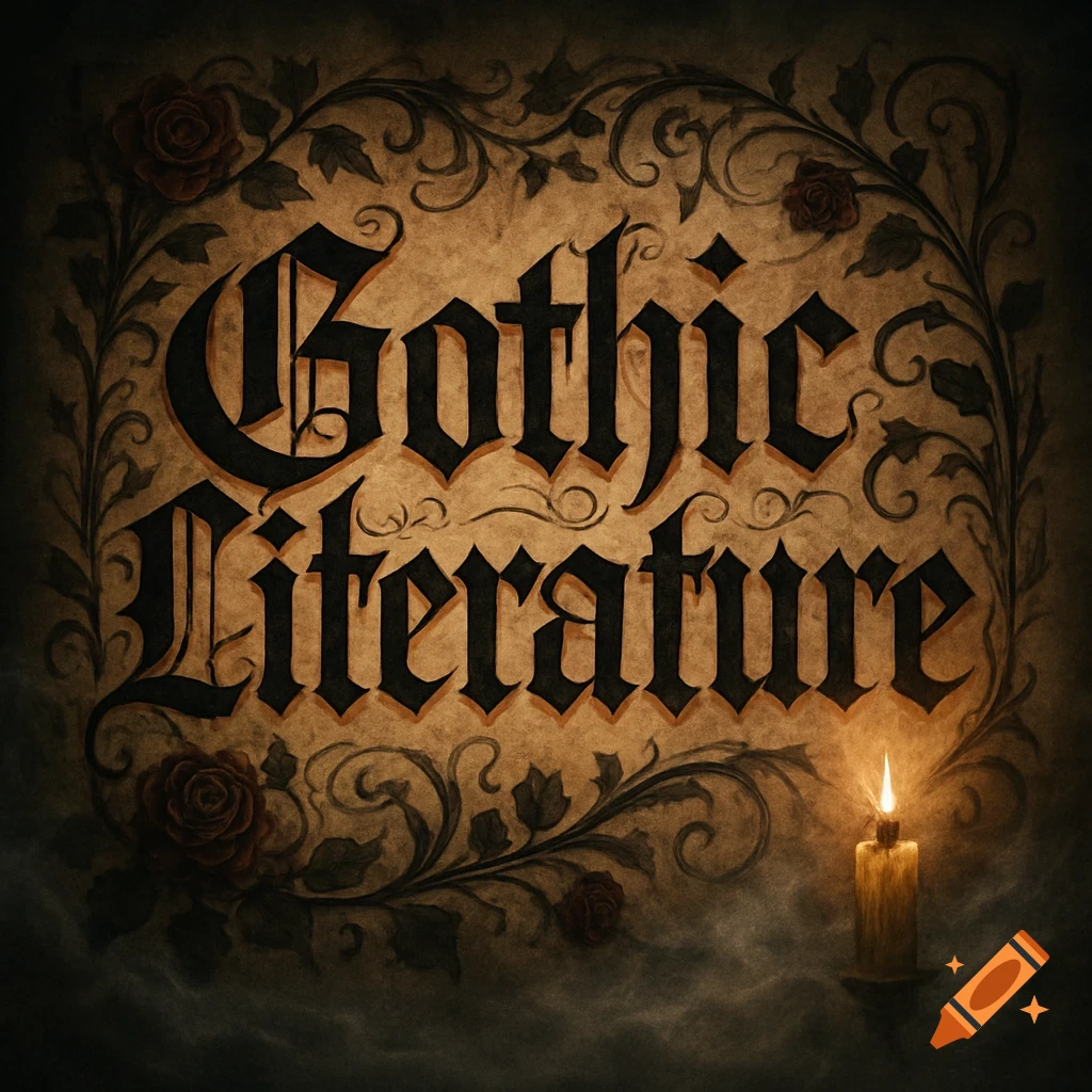 Ornate text 'Gothic Literature' in a dark, stylized font on aged paper, framed by dark roses and vines, with a burning candle.