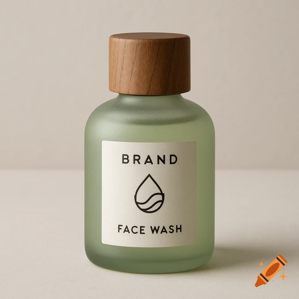 Minimalist green frosted glass face wash bottle with a wooden cap and a label showing 'BRAND', an abstract drop logo, and 'FACE WASH'.