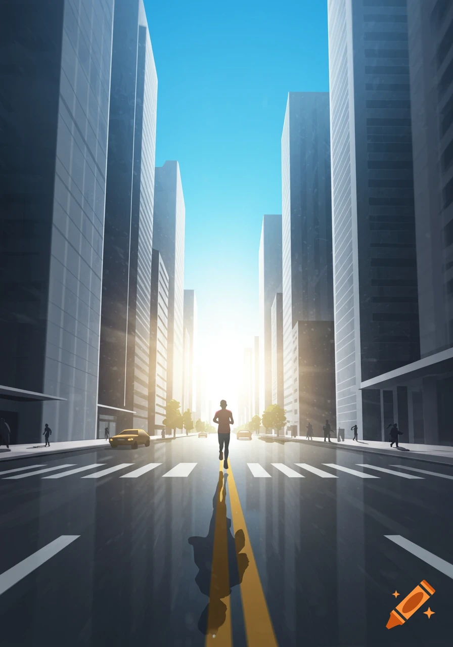 Illustrated view of a person running down a city street lined with tall buildings under bright sunlight.