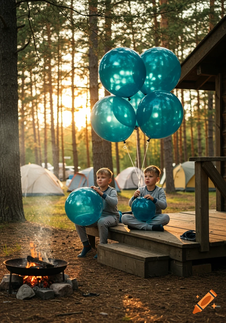 Two boys sit on a cabin porch at a campsite with teal balloons and a campfire, surrounded by tents in a sunset forest.