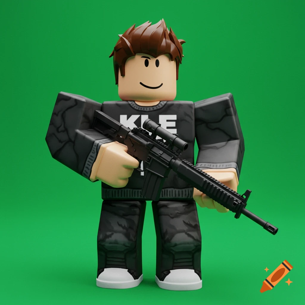 A 3D rendered Roblox character with brown hair and a black shirt with 'KLE' printed on it, holding a rifle, against a green background.