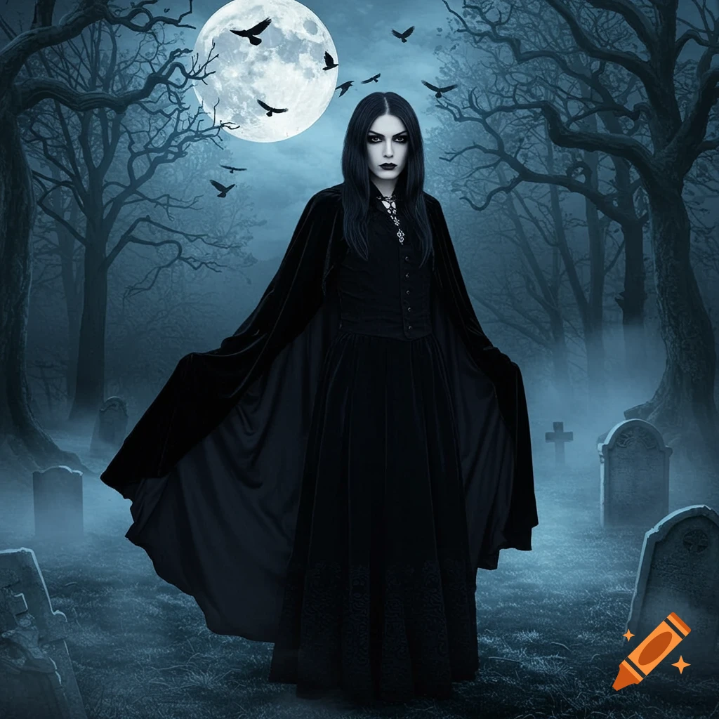 A goth woman in a long black dress and cape stands in a misty graveyard at night under a full moon with birds flying.