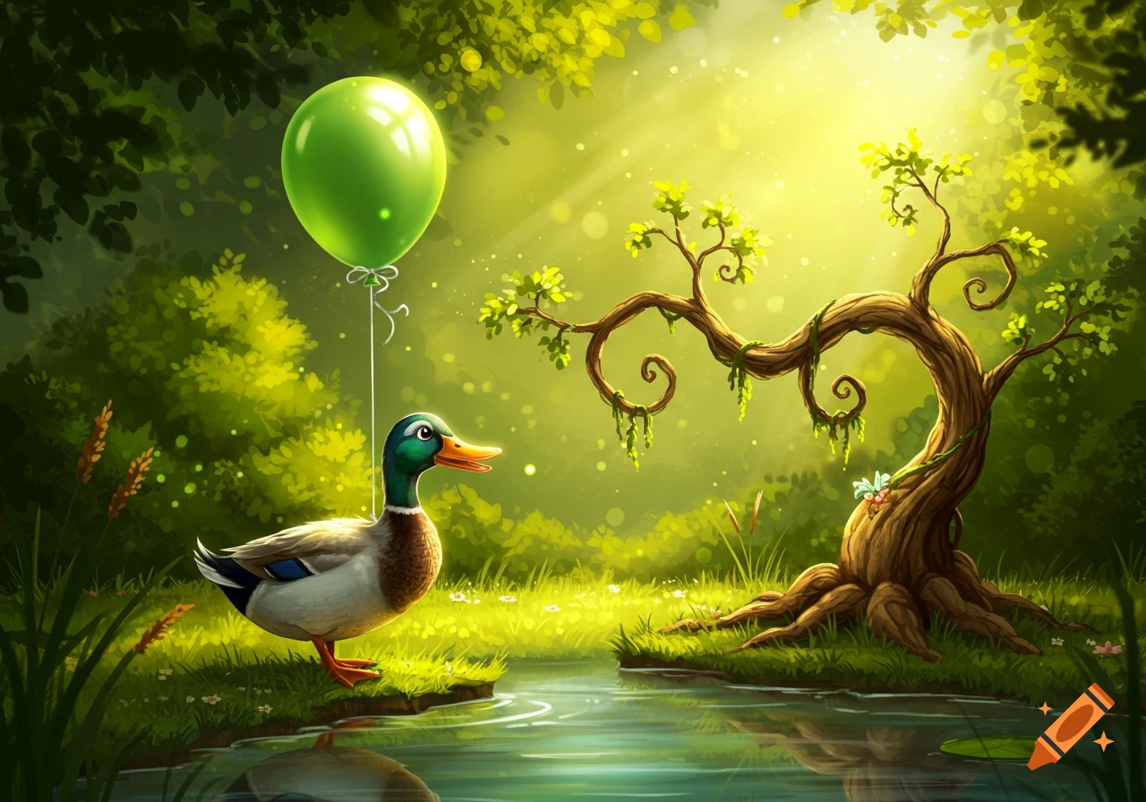 A mallard duck stands by a stream, holding a green balloon, next to a whimsical gnarled tree in a vibrant, sunlit forest illustration.