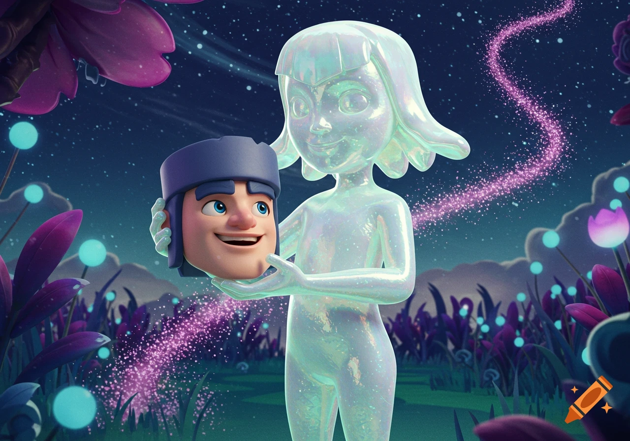 An iridescent humanoid figure in a magical, starlit landscape holds the head of a smiling Clash Royale character.