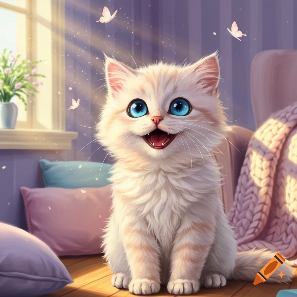 A cute fluffy kitten with big blue eyes and a wide smile sits in a sunlit room with pastel pillows and butterflies, digital art style.