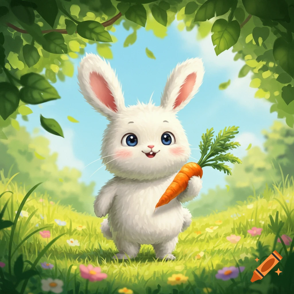 A cute fluffy white cartoon rabbit holds a carrot in a vibrant green, flowery field under a blue sky.